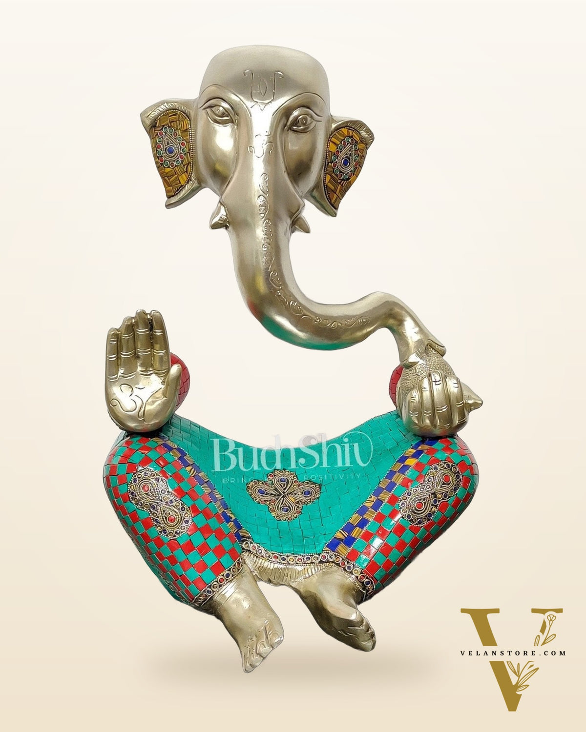 Brass Silver Plated Modern Abstract Aatma Ganesha Statue with Stonework 18 "