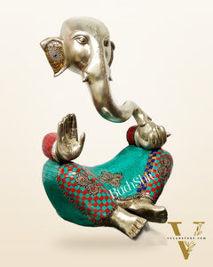 Brass Silver Plated Modern Abstract Aatma Ganesha Statue with Stonework 18 "