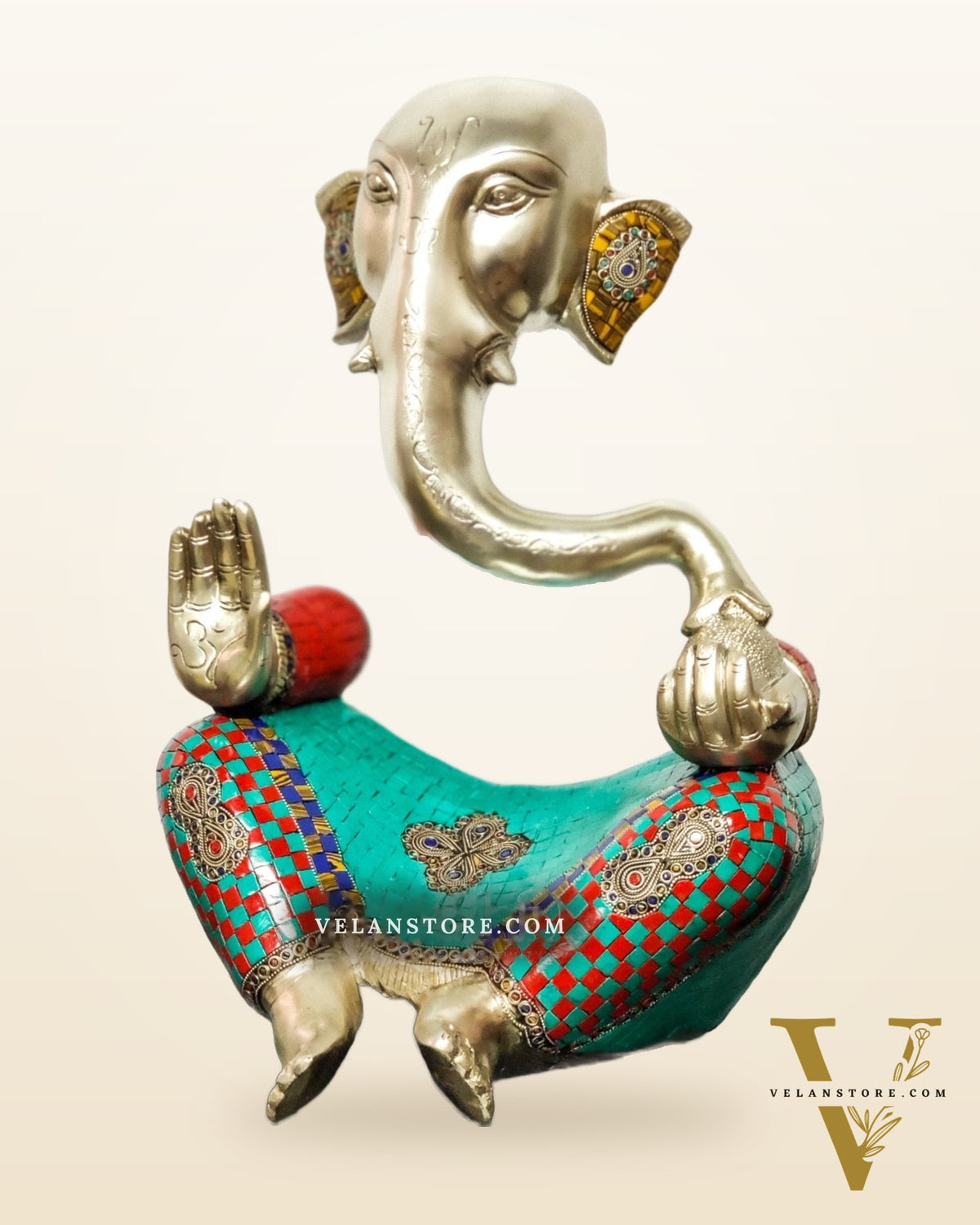 Brass Silver Plated Modern Abstract Aatma Ganesha Statue with Stonework 18 "