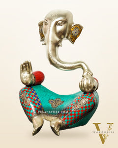 Brass Silver Plated Modern Abstract Aatma Ganesha Statue with Stonework 18 "