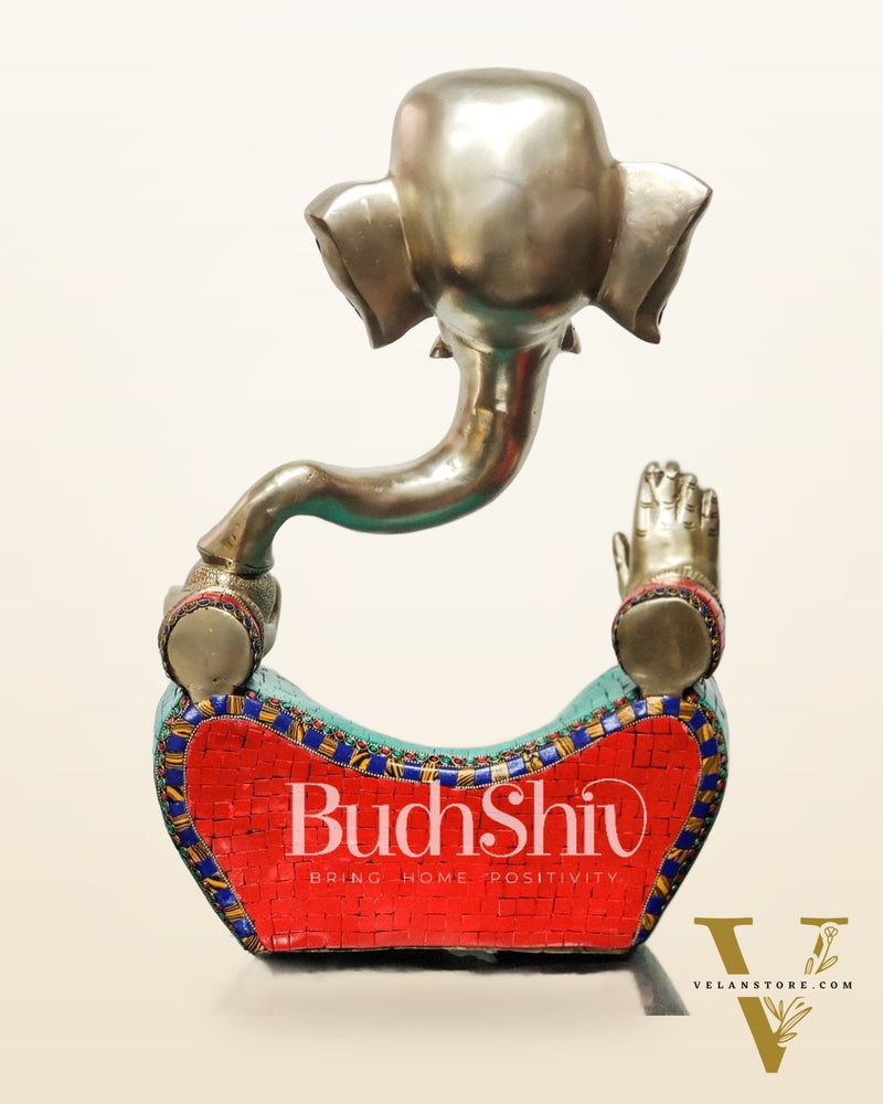 Brass Silver Plated Modern Abstract Aatma Ganesha Statue with Stonework 18 "