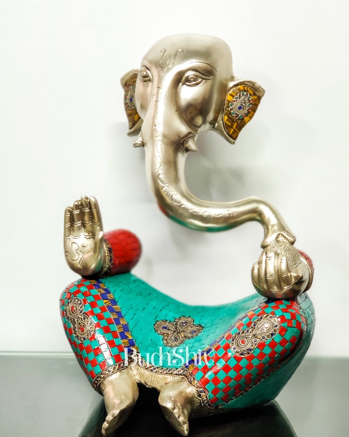 Brass Silver Plated Modern Abstract Aatma Ganesha Statue with Stonework 18 "