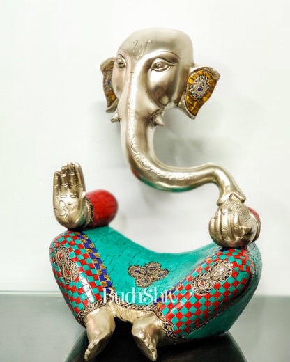 Brass Silver Plated Modern Abstract Aatma Ganesha Statue with Stonework 18 "