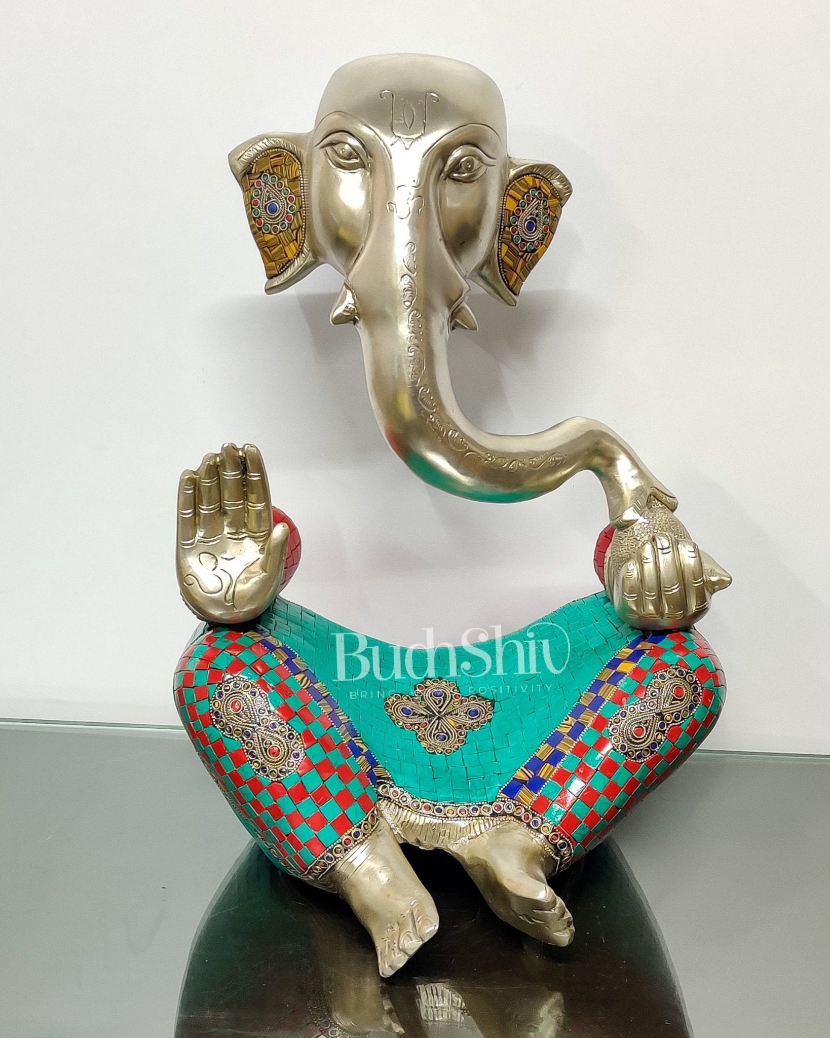 Brass Silver Plated Modern Abstract Aatma Ganesha Statue with Stonework 18 "