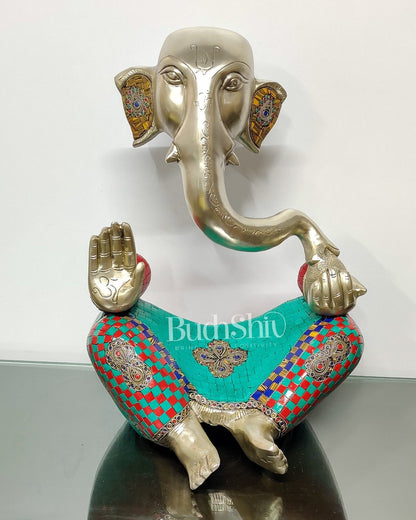 Brass Silver Plated Modern Abstract Aatma Ganesha Statue with Stonework 18 "
