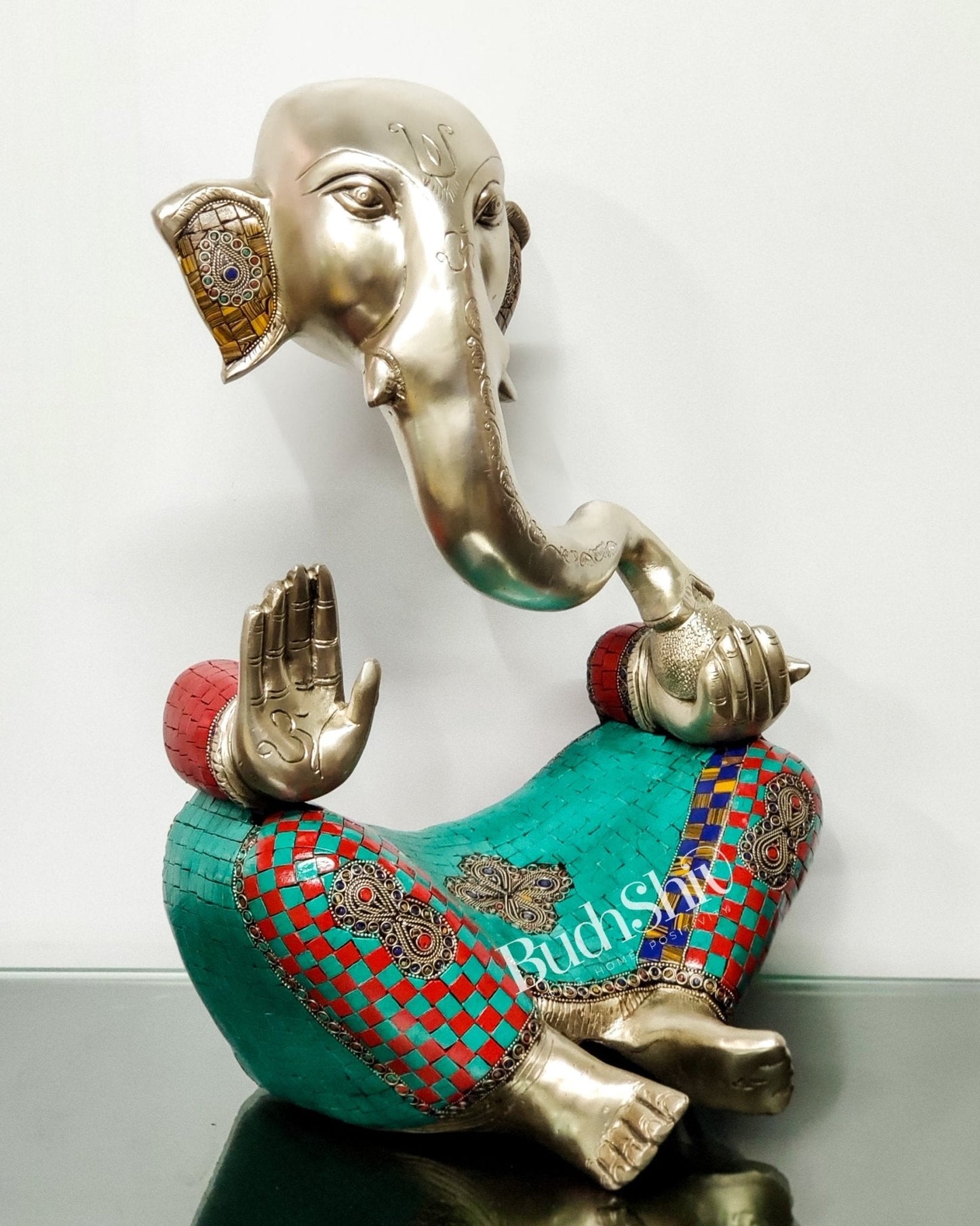 Brass Silver Plated Modern Abstract Aatma Ganesha Statue with Stonework 18 "