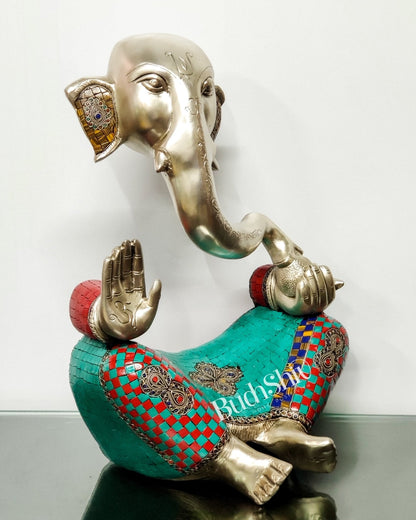Brass Silver Plated Modern Abstract Aatma Ganesha Statue with Stonework 18 "