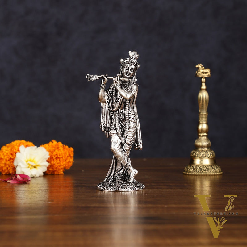 Brass silver plated Superfine Intricate Krishna Idol - 6" Height
