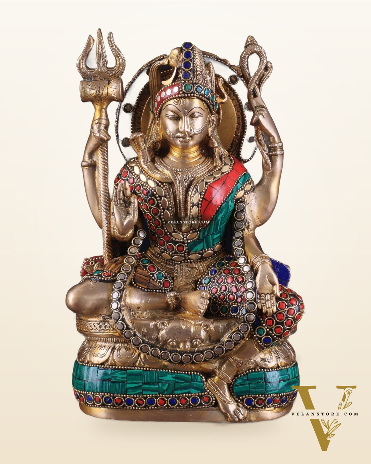 Brass sitting Ardhanarishwara Statue - shiv parvati  - 9.5 inch with stonework