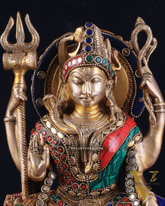 Brass sitting Ardhanarishwara Statue - shiv parvati  - 9.5 inch with stonework