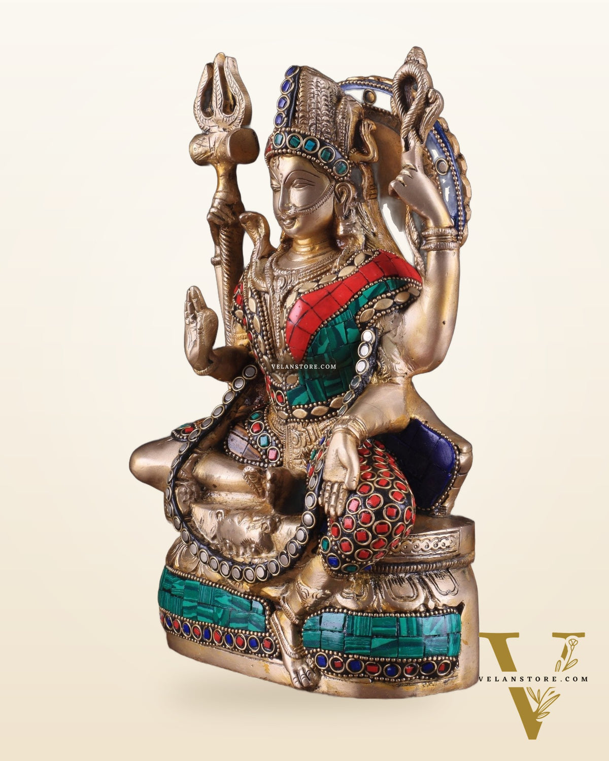 Brass sitting Ardhanarishwara Statue - shiv parvati  - 9.5 inch with stonework