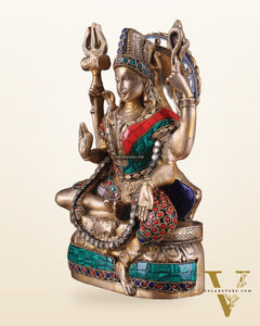 Brass sitting Ardhanarishwara Statue - shiv parvati  - 9.5 inch with stonework