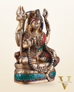Brass sitting Ardhanarishwara Statue - shiv parvati  - 9.5 inch with stonework