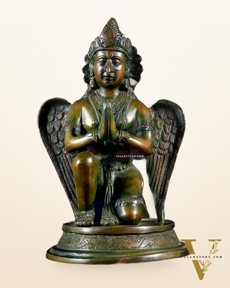Brass Sitting Garuda Dev in Namaskar Mudra – 9” Chola bronze tone