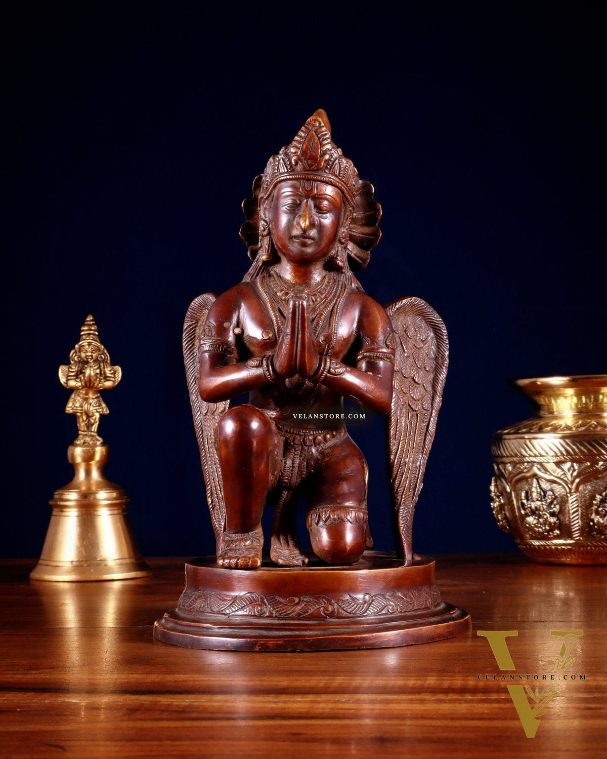 Brass Sitting Garuda Dev in Namaskar Mudra – 9” Monochrome Dark Brown tone
