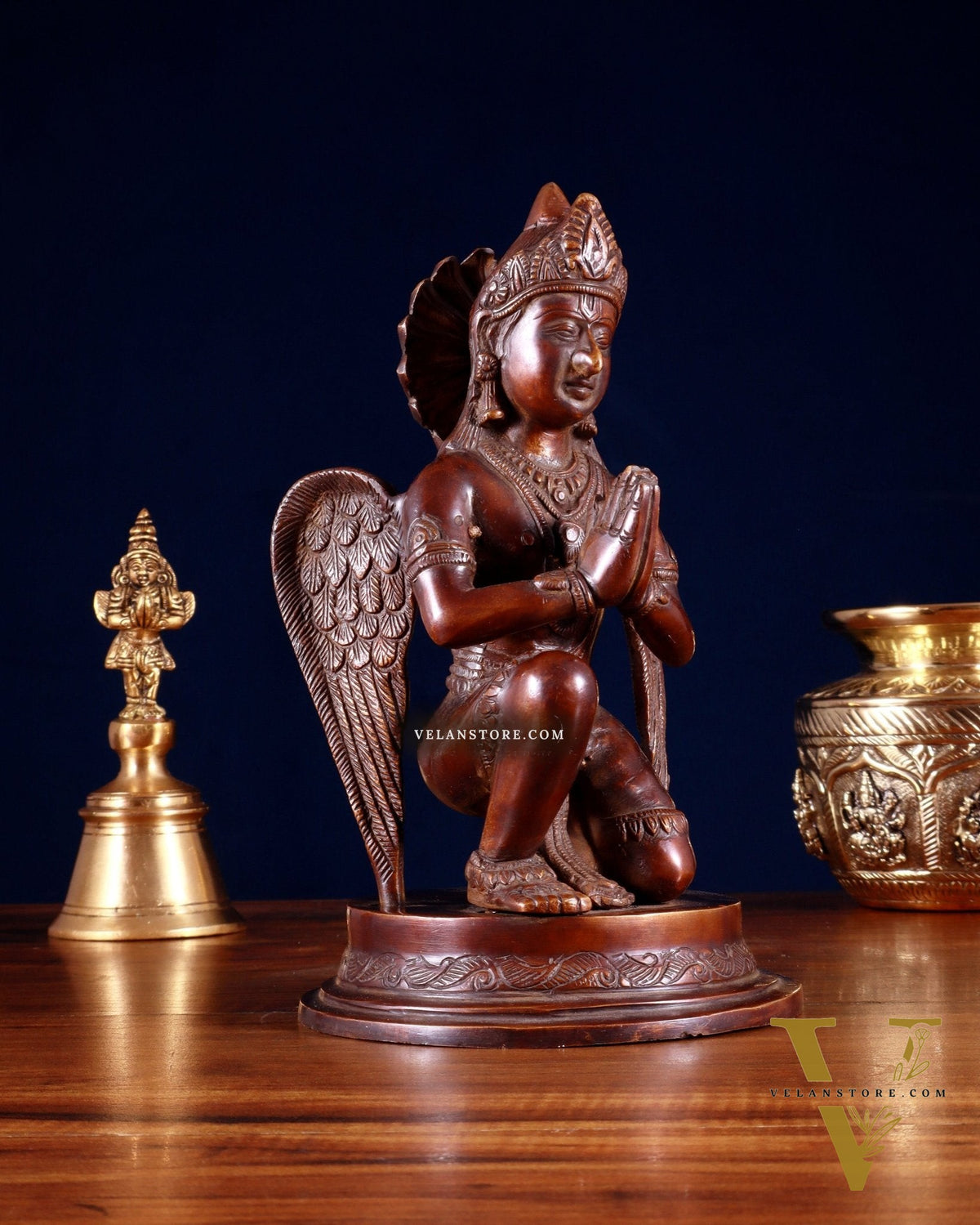 Brass Sitting Garuda Dev in Namaskar Mudra – 9” Monochrome Dark Brown tone