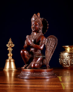 Brass Sitting Garuda Dev in Namaskar Mudra – 9” Monochrome Dark Brown tone