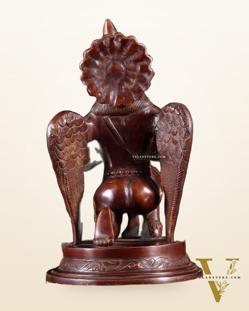 Brass Sitting Garuda Dev in Namaskar Mudra – 9” Monochrome Dark Brown tone