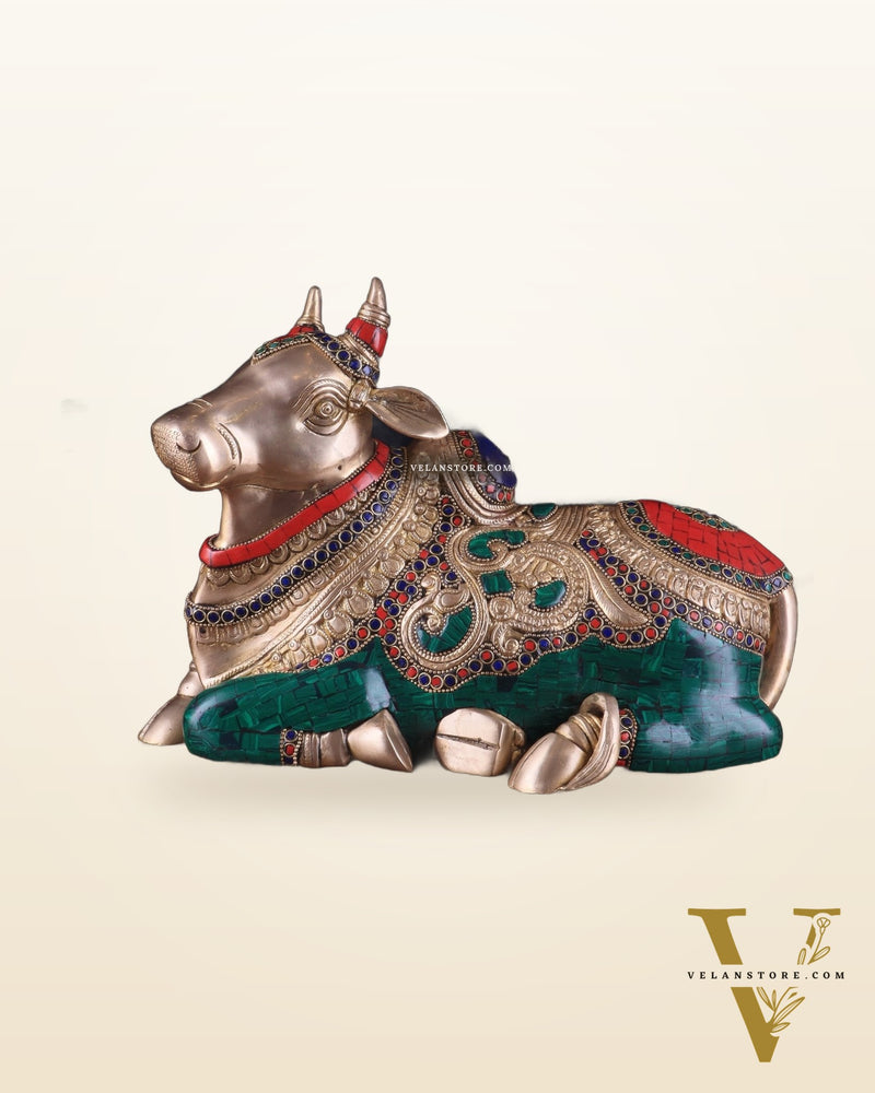 Brass Sitting Nandi Statue - 13" | Right Leg Raised with stonework