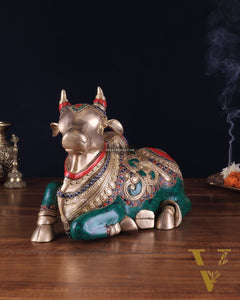 Brass Sitting Nandi Statue - 13" | Right Leg Raised with stonework