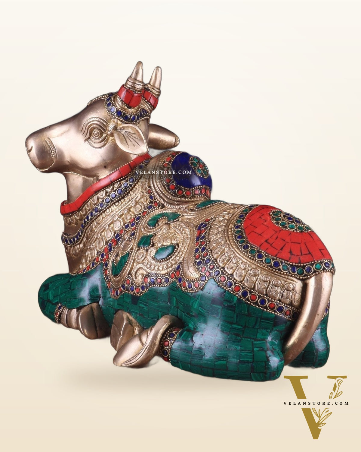 Brass Sitting Nandi Statue - 13" | Right Leg Raised with stonework