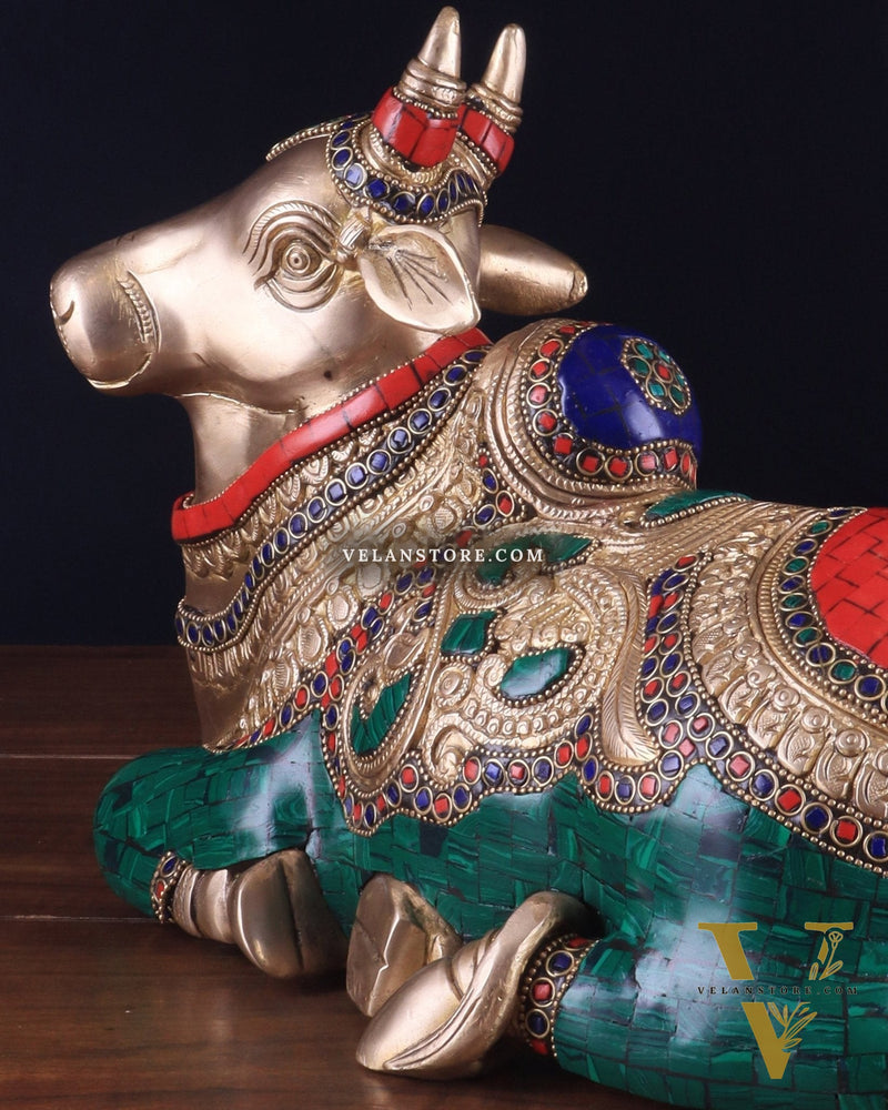 Brass Sitting Nandi Statue - 13" | Right Leg Raised with stonework