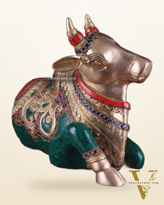 Brass Sitting Nandi Statue - 13" | Right Leg Raised with stonework