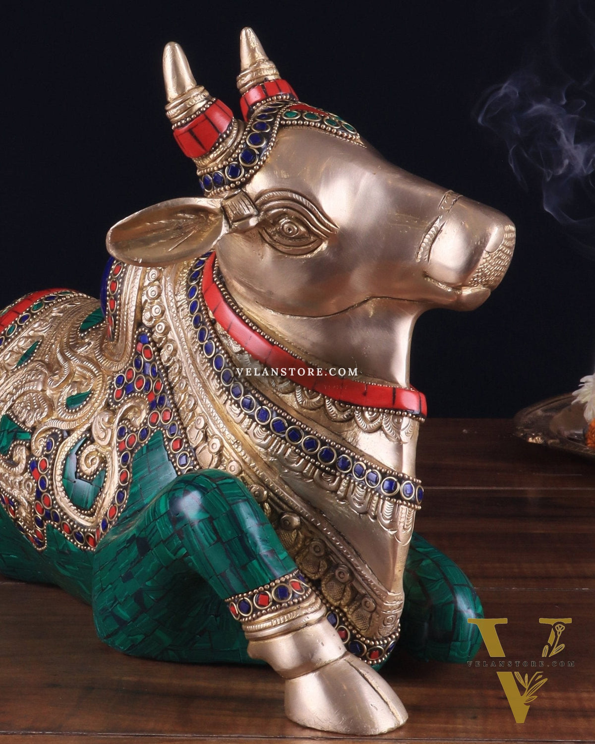 Brass Sitting Nandi Statue - 13" | Right Leg Raised with stonework