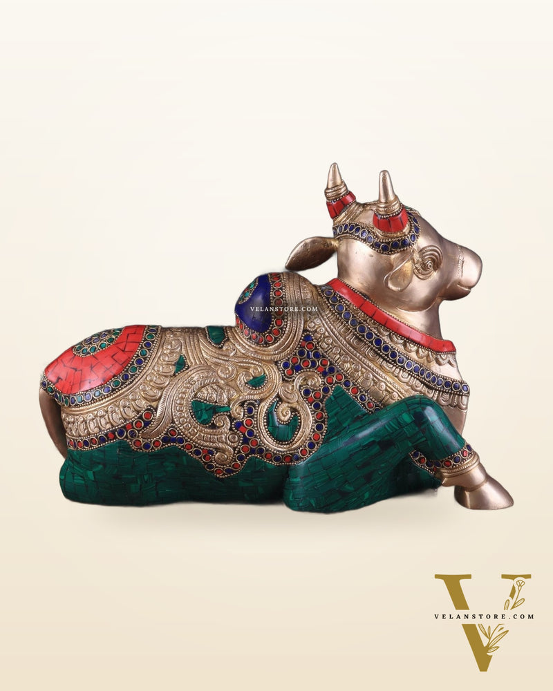 Brass Sitting Nandi Statue - 13" | Right Leg Raised with stonework