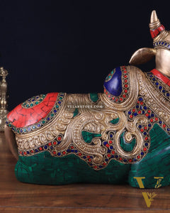 Brass Sitting Nandi Statue - 13" | Right Leg Raised with stonework