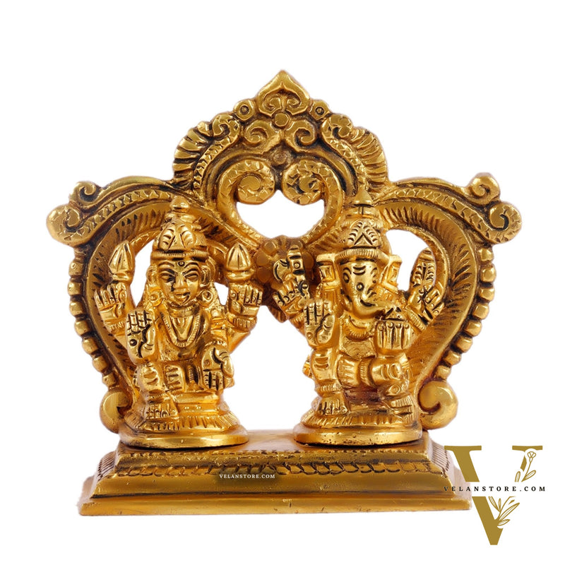 Brass small Ganesh Lakshmi idol with prabhavali frame 3.5"