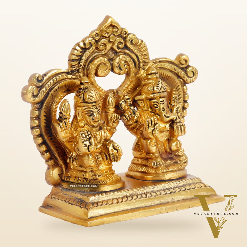 Brass small Ganesh Lakshmi idol with prabhavali frame 3.5"