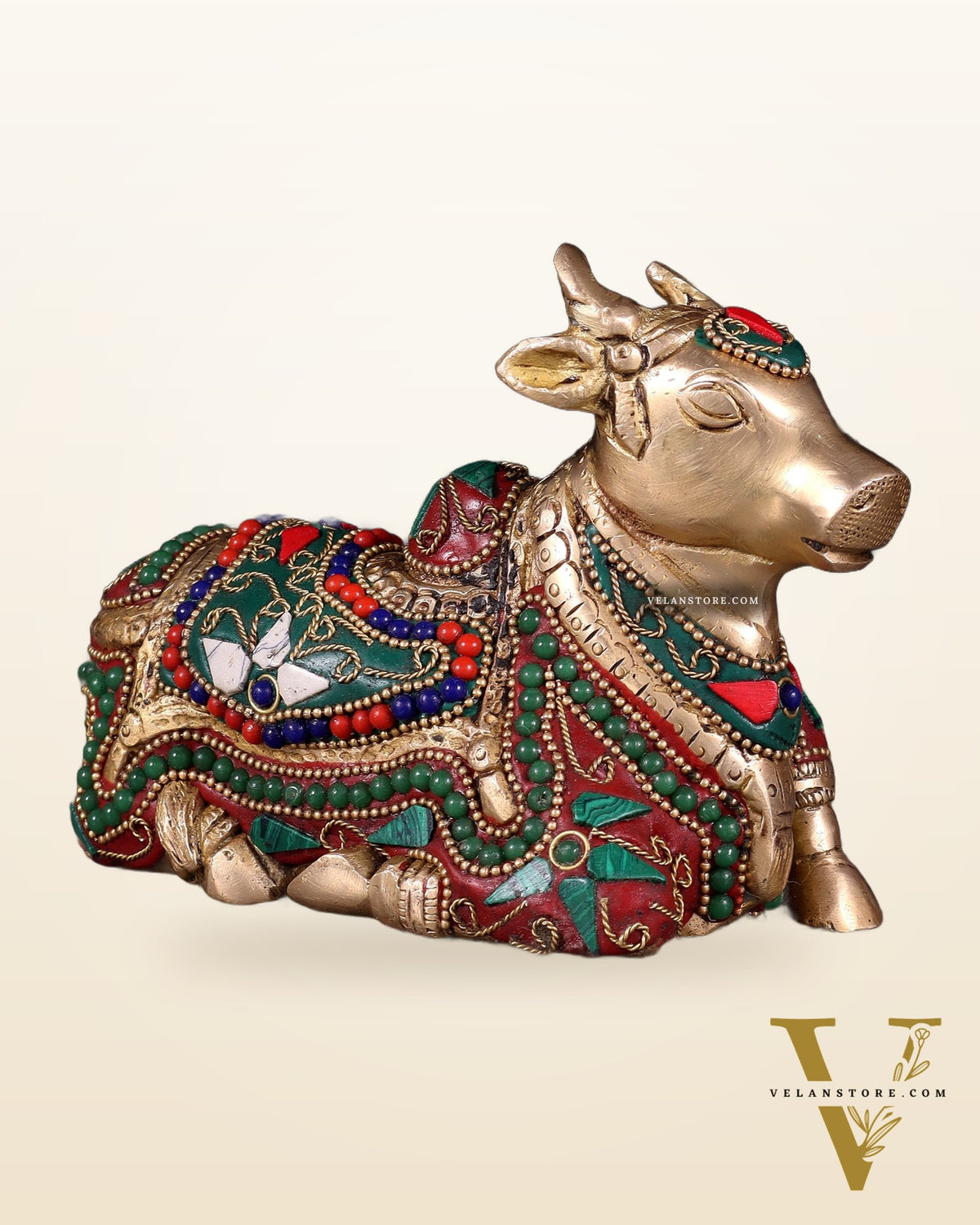 Brass Small Nandi Idol with floral Stonework | 6"