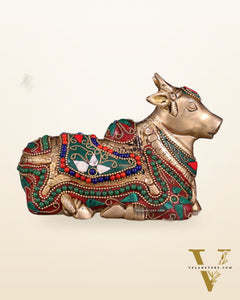 Brass Small Nandi Idol with floral Stonework | 6"