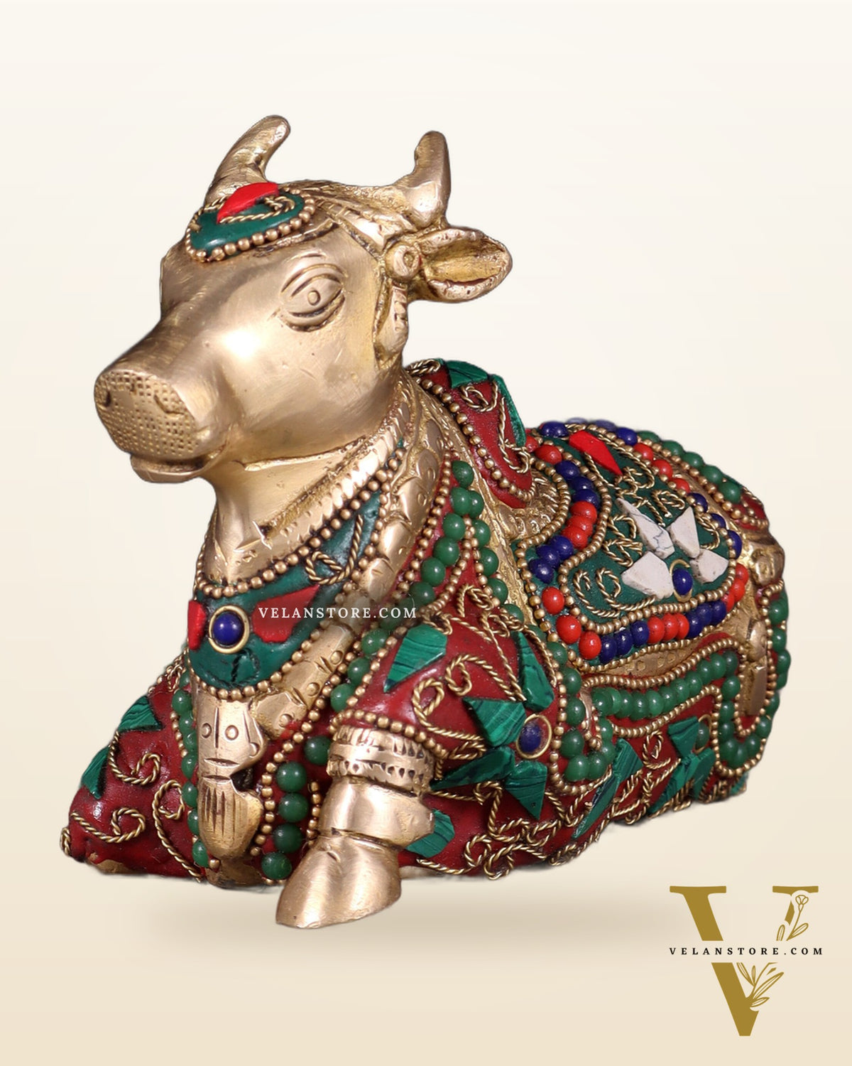 Brass Small Nandi Idol with floral Stonework | 6"