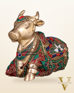 Brass Small Nandi Idol with floral Stonework | 6"