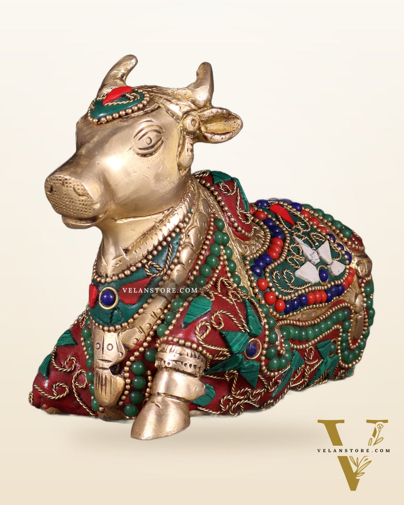 Brass Small Nandi Idol with floral Stonework | 6"