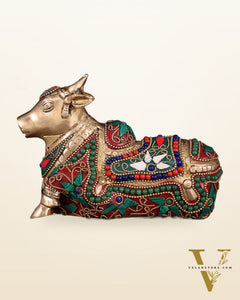 Brass Small Nandi Idol with floral Stonework | 6"