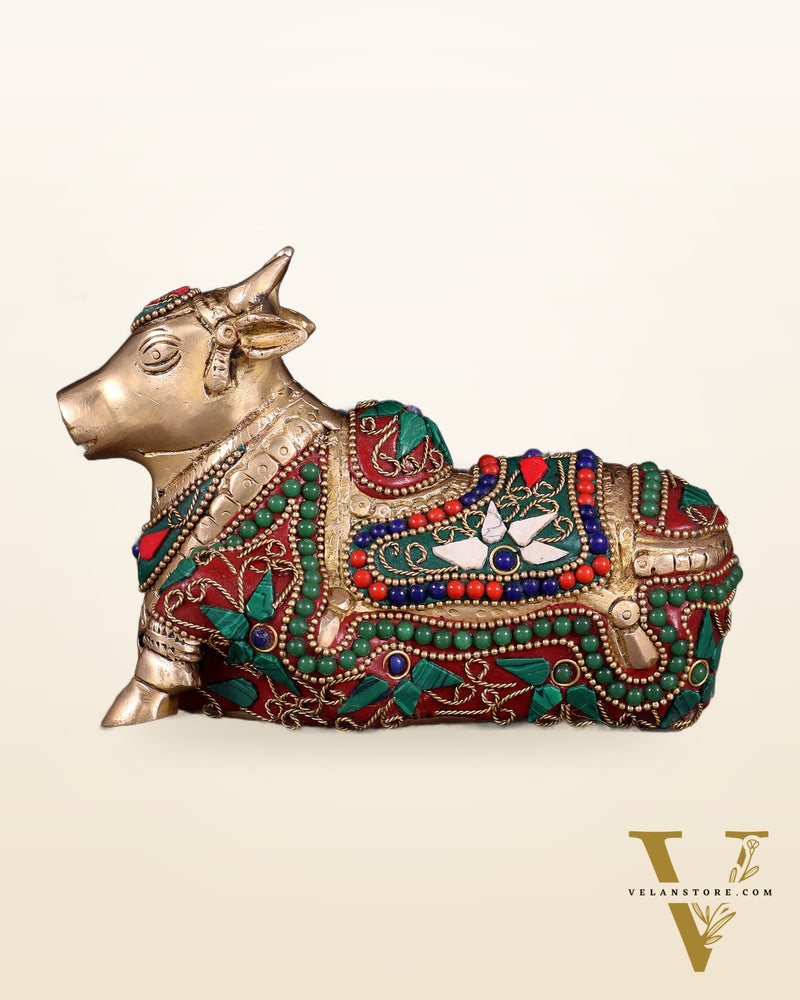 Brass Small Nandi Idol with floral Stonework | 6"