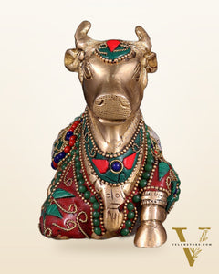 Brass Small Nandi Idol with floral Stonework | 6"