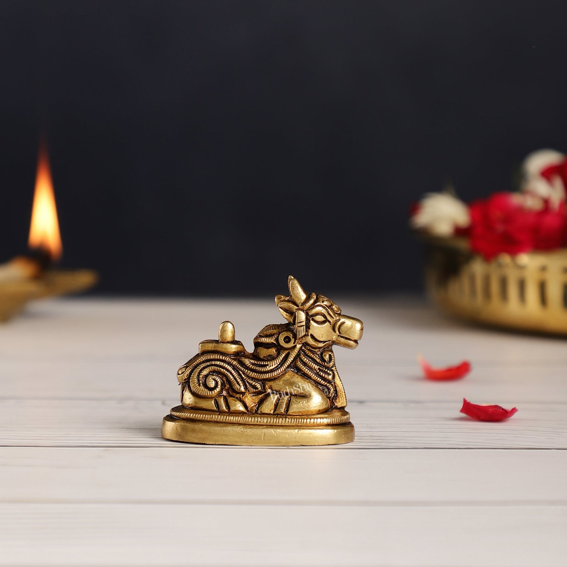 Brass Small Nandi Idol with Shiv Ling | 2 inch