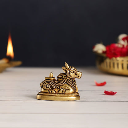 Brass Small Nandi Idol with Shiv Ling | 2 inch