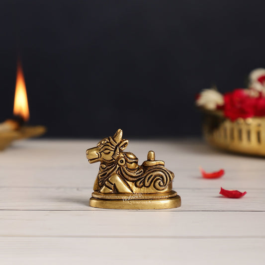Brass Small Nandi Idol with Shiv Ling | 2 inch