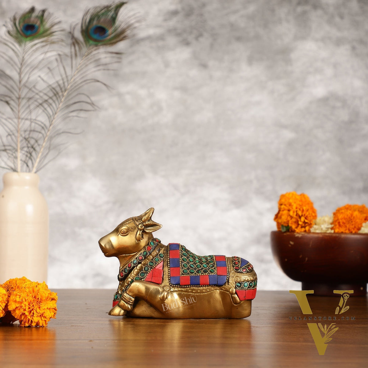 Brass Small Nandi Idol with Stonework | 6"