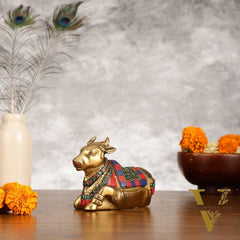 Brass Small Nandi Idol with Stonework | 6"