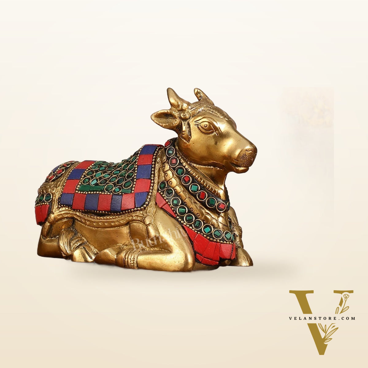 Brass Small Nandi Idol with Stonework | 6"