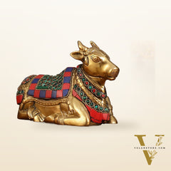Brass Small Nandi Idol with Stonework | 6"