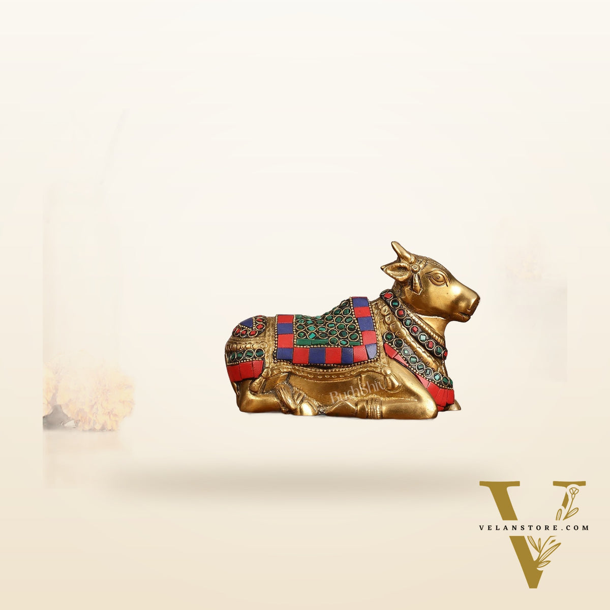 Brass Small Nandi Idol with Stonework | 6"