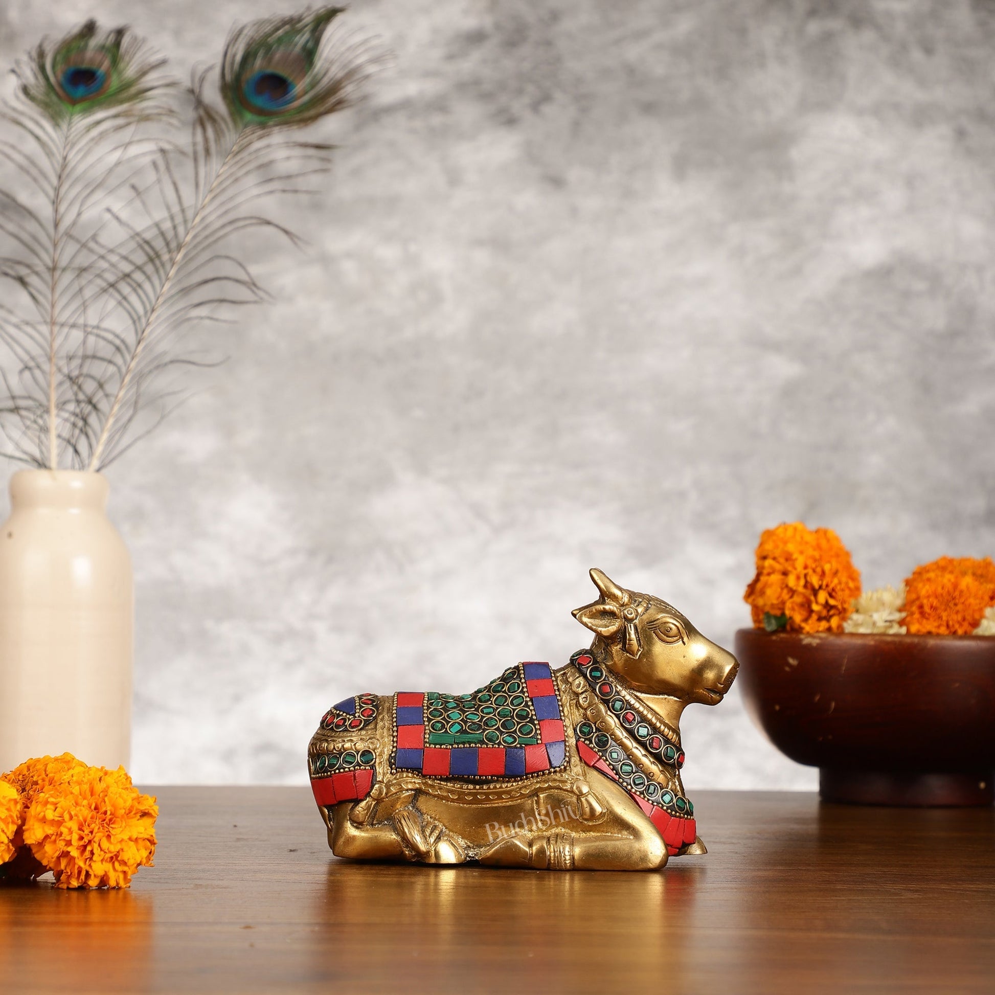 Brass Small Nandi Idol with Stonework | 6"