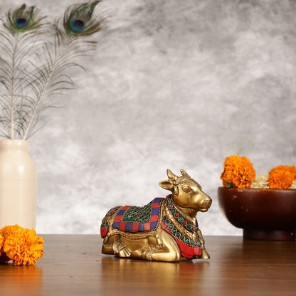 Brass Small Nandi Idol with Stonework | 6"